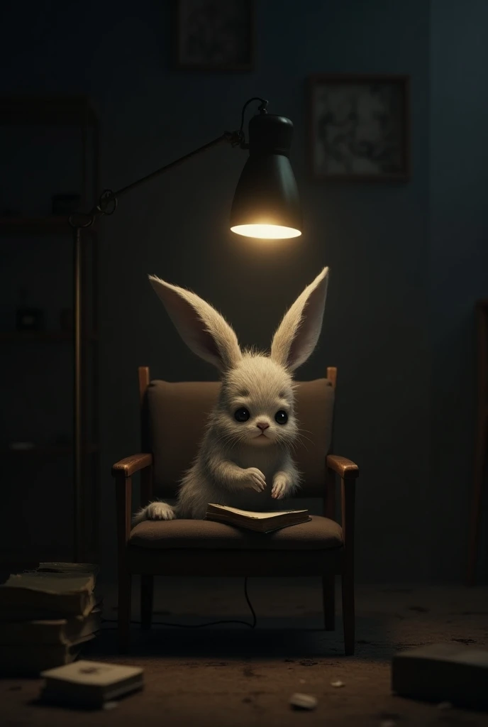 Grey Baby hare sitting on chair depressed with lamp on studying at night