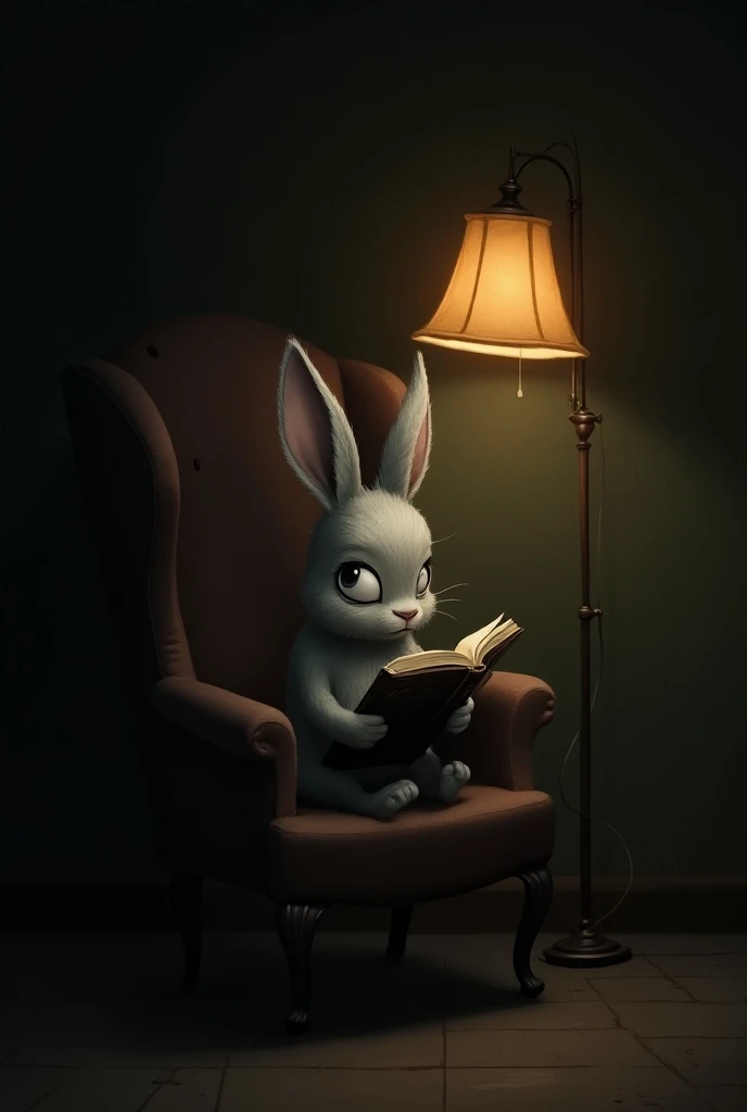 Grey Baby hare sitting on chair depressed with lamp on studying at night