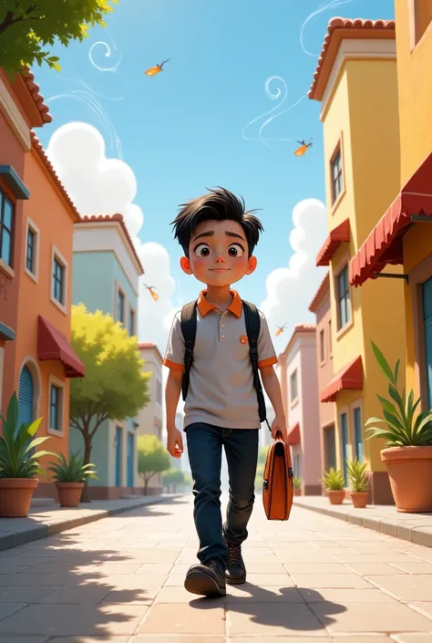 pixar style poster of young latino student dressed in black pants and light grey polo shirt with orange collar and sleeves, blac...