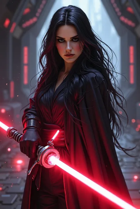  A beautiful young girl of European appearance with long black hair and a white lock and purple eyes, dressed in a black cloak ,  holds a glowing red sword in his hand . in a calm position.  In the background of a comic ship wall .  In the background, Empe...