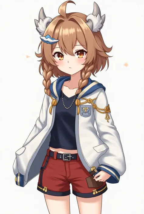 genshin impact style girl,  short wavy brown hair with white and orange tufts and braids,  amber eyes with orange and blue details ,  two-piece clothing a short black shirt with dark blue details ,  white college jacket with gray and yellow details , a bel...