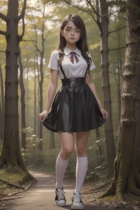    Cute young  beautiful   curvy schoolgirl pioneer,  beautiful cute teen face ,  black skater leather  pinafore dress  ,  transparent white blouse , brunette long hair, beautiful eyes. stockings,  Sneakers, pioneer schoolgirl - standing in the wood ,   ph...