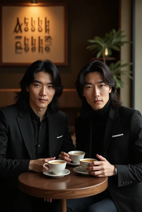 Photography profesional ada 1  laki laki  ganteng korea , dan ada 1 laki laki ganteng berambut panjang sedang duduk dengan suguhan kopi hangat , di kafe yang design elegant dengan ada papan nama bertuliskan "MELATI PUTIH EDITING" . dengan sangat mewah. Ult...