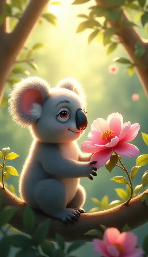 A charming scene featuring a koala and a vibrant camellia flower facing each other in a lush, sunlit environment. The koala, with its fluffy gray fur and large, curious eyes, is sitting comfortably on a branch, leaning slightly forward as it gazes at the b...