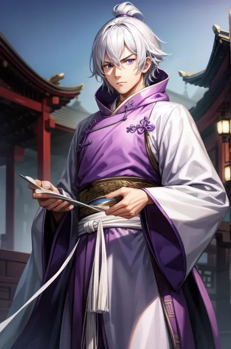 1 young man, intence serious, purple Hanfu, short Hair, Wear a purple hood, white Hair, light blue eye, Five fingers, An old Chinese castle in the background, cinematic lighting, cowboy shot, UHD, retina, masterpiece, accurate, anatomically correct, textur...