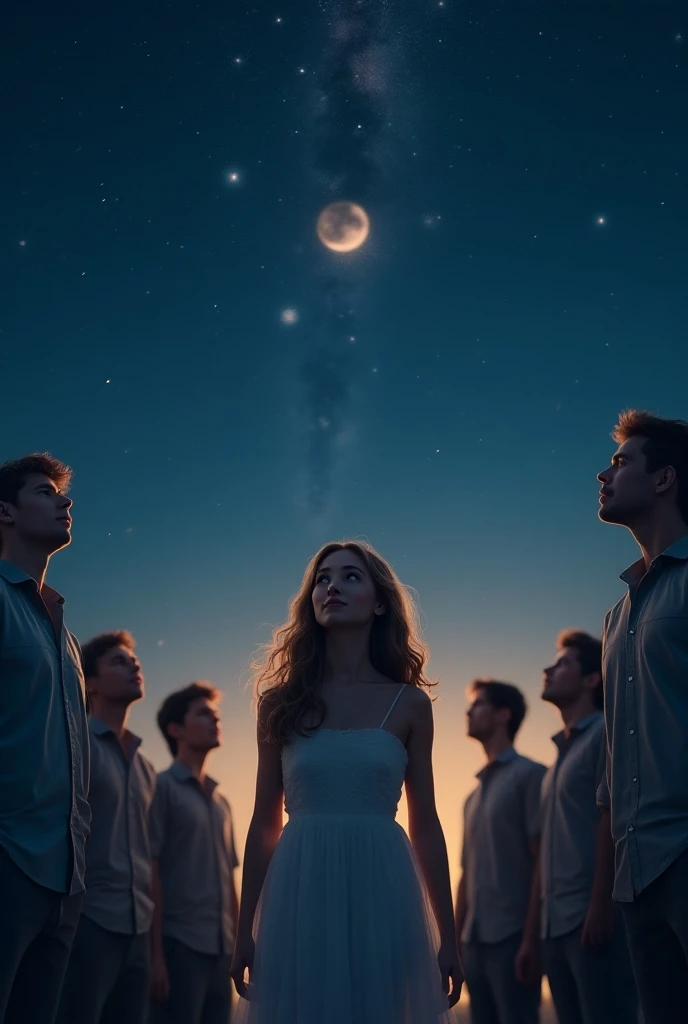 A cute girl and men looking to sky and the stars with love 