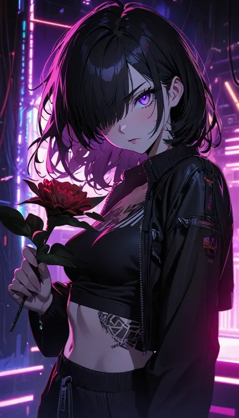 1girl,solo,shojo anime portrait of my girlfriend,(extremely detailed, masterpiece:1.2),really pretty,eyelashes,carrying flower,side shot,black skinny jeans,detailed close up on bedazzling purple eye looking at you,serious eye,intense gaze,black hair coveri...