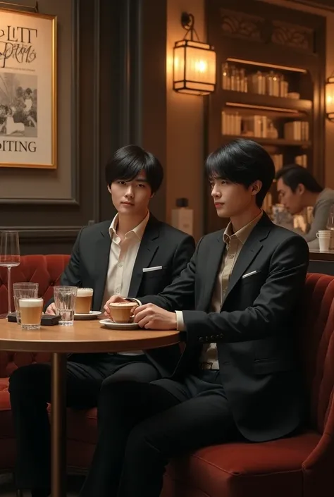 Photography profesional ada 1  laki laki  ganteng korea , dan ada 1 laki laki ganteng berambut panjang lurus sedang duduk dengan suguhan kopi hangat , di kafe yang design elegant dengan ada papan nama bertuliskan "MELATI PUTIH EDITING" . dengan sangat mewa...