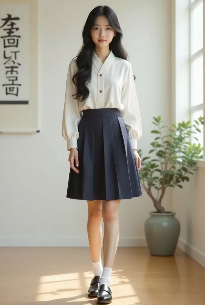  shows a woman posing for a photo in the room, An image inspired by Sim Sa-jong , Tumblr, Realism, a hyperA very realistic school girl, hyperA very realistic school girl, trending at cgstation, Ulzzang, Korean girl, Sweet Korean style face, JK School Unifo...