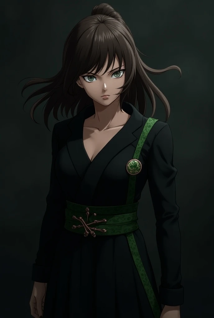 Serious girl in Goku Black costume from Dragon Ball super with gray eyes and brown hair