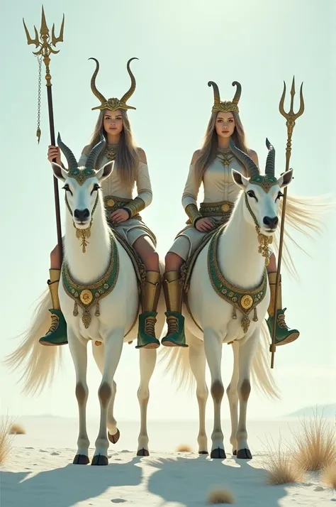 2 Goddesses riding majestically on goats and deer in a white desert She holds many guns including a trident. and wear elaborate ornaments and traditional green and gold skates. Sitting on deer and goats.