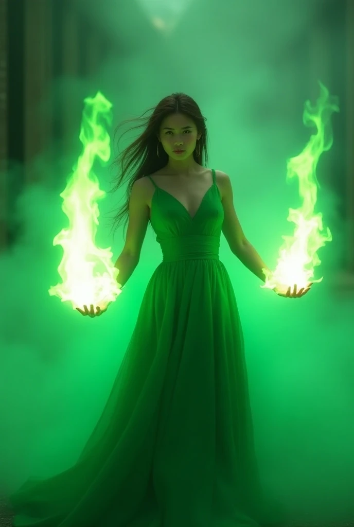 arafed woman in green dress holding a lit candle in her hand, in the style of sifu 🔥 😎 🕹️ 👀 :2, holding green fire, casting fire spell, casting magic spell, casting epic spell, casting a fire spell, maya ali as d&d sorcerer, maya ali as a d&d sorcerer