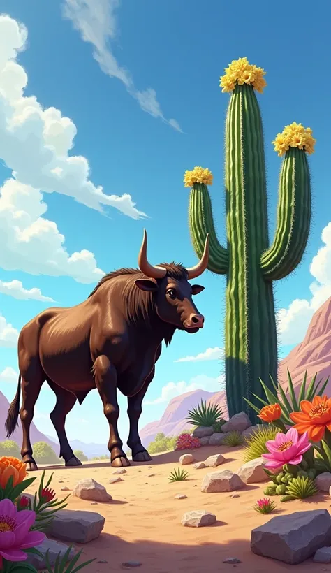 A striking scene of a majestic bull and a tall, spiky cactus facing each other in a sun-drenched desert landscape. The bull, with its muscular build, shiny dark brown coat, and prominent horns, stands confidently on rocky terrain, looking curiously at the ...