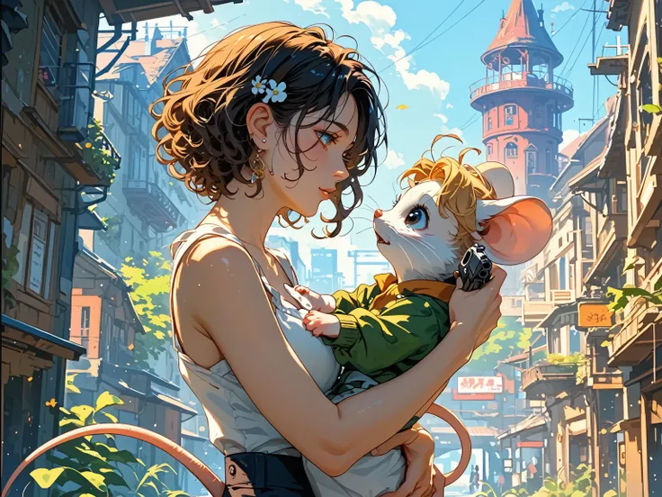 
マルドゥック・スクランブルの主人公であるルーン・What about ballots、Underage prostitutes living in the futuristic city of Marduc（ Teen Hart ）is。Cyberpunk World。 holding a pistol 。 is carrying a golden house mouse on her shoulder。
What about ballots、A woman with curly hair in a be...