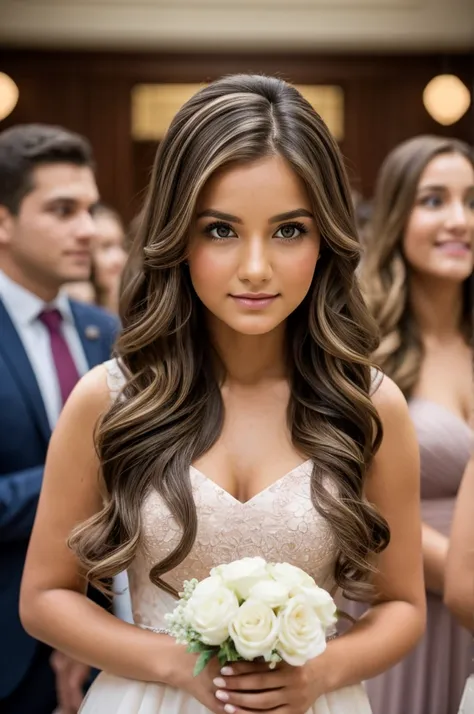 beautiful brunette with balayage highlights wearing a bridesmaidt clothes, photographer holding the camera in hands highly detailed, 22 years old, innocent face, natural wavy hair, hazel eyes, Beauty 1 people, 1 people beauties, Bridesmaid clothes, A hyper...