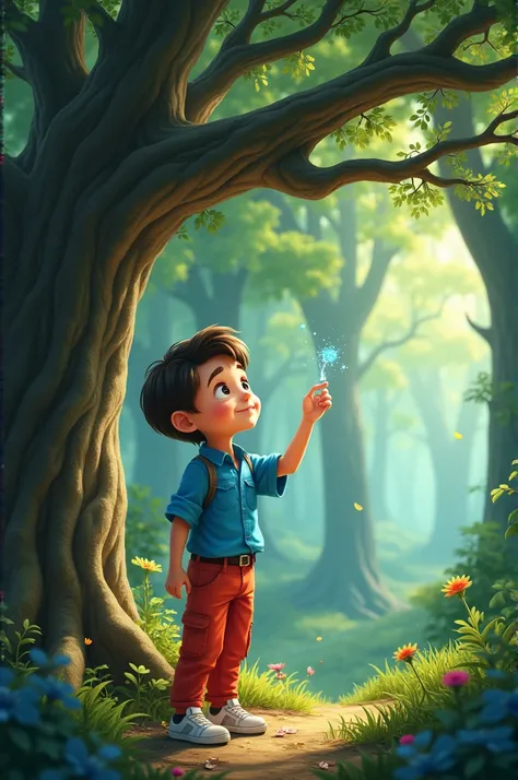 A boy around , wearing a blue shirt, red pants, and white sneakers. He’s curious, adventurous, and has a strong sense of wonder.
The bond between the boy and the magical tree deepens