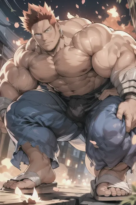 endeavor from my hero academia, covered in flames, full body, japanese, (7 daddy:1.1), (wearing a black jockstrap), (big shoulde...