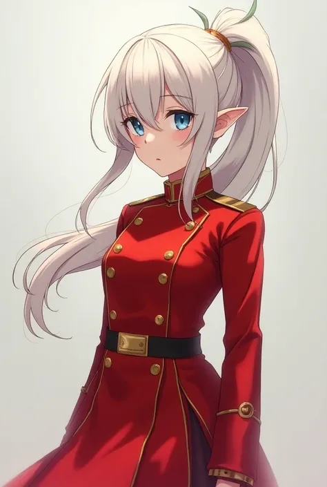 A tennage elf girl with white hair and a ponytail, blue eyes, anime style, shoulder long hair, rpg maker, red military uniform with a skirt, no background