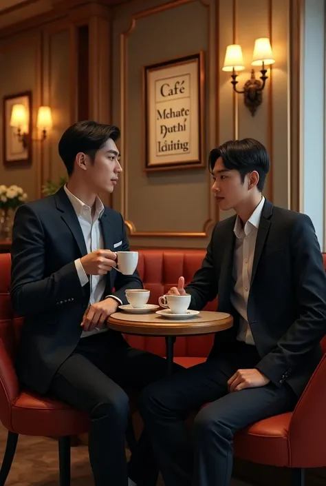 Photography profesional ada 1  laki laki  ganteng korea , dan ada 1 laki laki ganteng berambut panjang lurus sedang duduk dengan suguhan kopi hangat , di kafe yang design elegant dengan ada papan nama bertuliskan "MELATI PUTIH EDITING" . dengan sangat mewa...