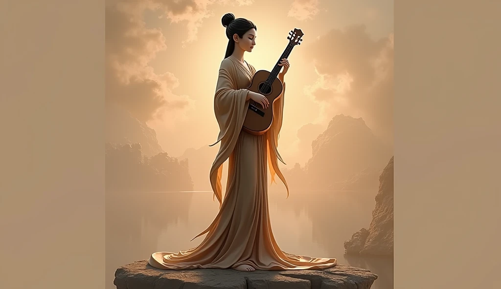  statue of a woman holding a guitar on a table, win of the southern seas, win, contented female Buddha, Inspired by Sesshu Toyo, Buddha, Ancient Chinese Goddess,  unknown artist , Tang Dynasty, Beautiful images, Song Dynasty