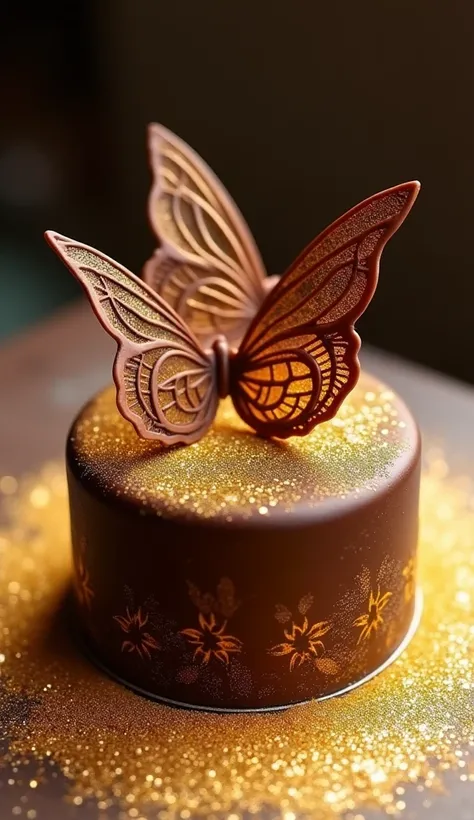 Gourment Collection, incredibly delicate and exquisite candy work, wing motifs, chocolate cake base, gold dust, shining coating, luxury and opulence,