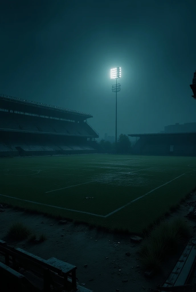 Camera pans over an abandoned football stadium. The moonlight casts eerie shadows on the field