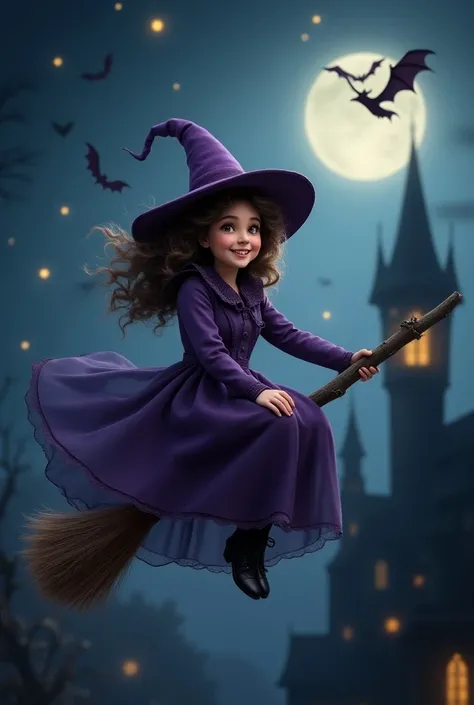 A hyper realistic of whimsical witch riding a broomstick, hurtling through the starring sky. She sits on a broomstick, wearing in classic purple witch dress and hat , beautiful face,big eyes, and is grinning excitedly. At the background as bat, dark castle...