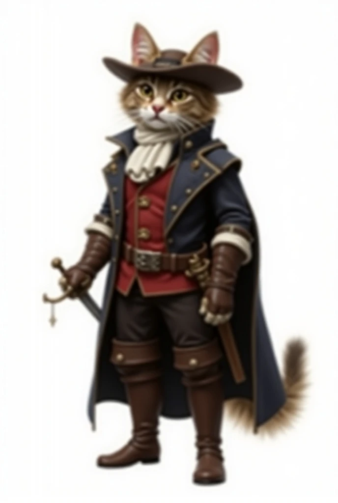  Make a tight musketeer cat. Background is white . 