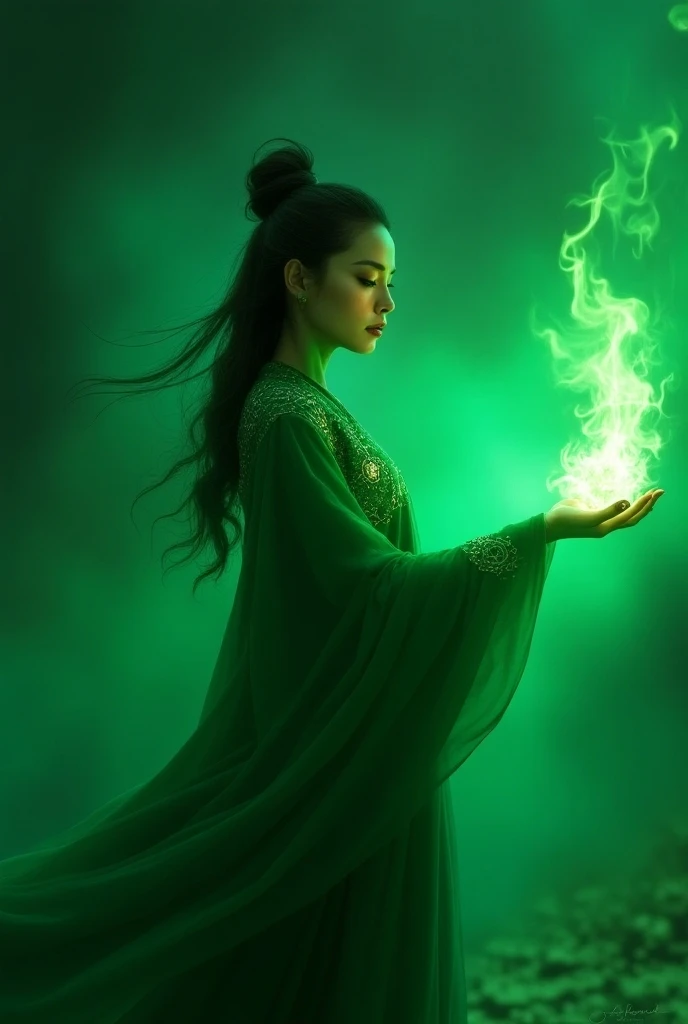 arafed woman in green dress holding a green flame in her hand, in the style of sifu, holding green fire, casting fire spell, casting magic spell, casting epic spell, casting a fire spell, maya ali as d&d sorcerer, maya ali as a d&d sorcerer