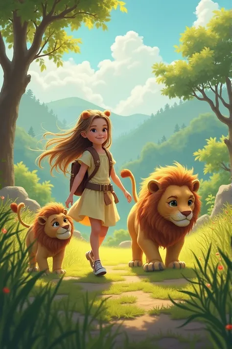 Create a baby girl was walking with long hair and short dress with his cute ai lions