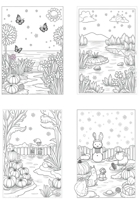 "Create a set of fun, engaging coloring book pages for s, featuring the four seasons. Each page should highlight key elements of the season, including nature, animals, and activities. For spring, include blooming flowers, butterflies, and a garden. For sum...