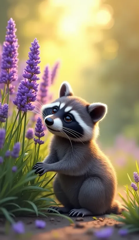 A charming scene of a curious raccoon and a cluster of vibrant lavender flowers facing each other in a sunlit garden. The raccoon, with its distinctive black mask and fluffy gray fur, sits on its haunches, its expressive eyes sparkling with curiosity as it...