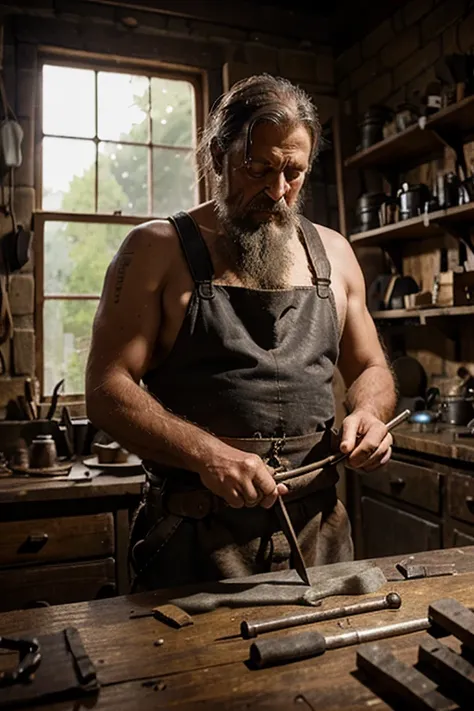  Image for the tale of an old blacksmith,  working in his workshop ,  who can hear , how metals whisper .