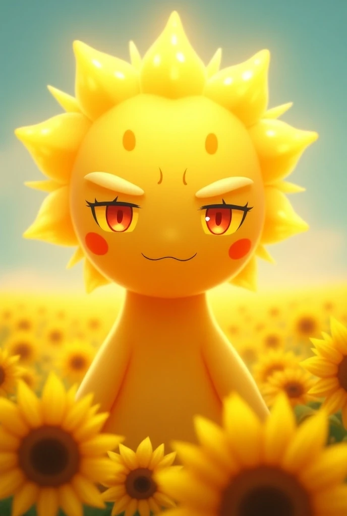  His almost closed eyes have black sclera and red pupils {x} Sun radiates bright light and stands proudly in a sun-drenched field full of sunflowers.  ,  and his eyes sparkle with energy .  with three above and three below the eye .  Sun is a medium-sized ...