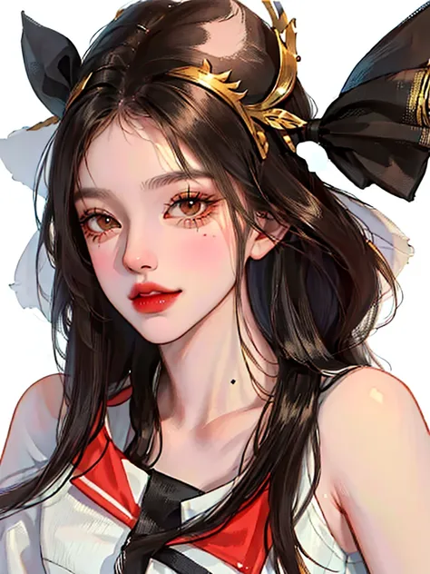 ( High Resolution , different_picture) คุณpictureที่ดีที่สุด, woman,  Masterpiece ,   with high detail  , (Semi-realistic), Long black hair, Long straight hair, Black bangs ,  maturity ,  with cherry glossy lips, White background,  pictureระยะใกล้ ,   eyes...