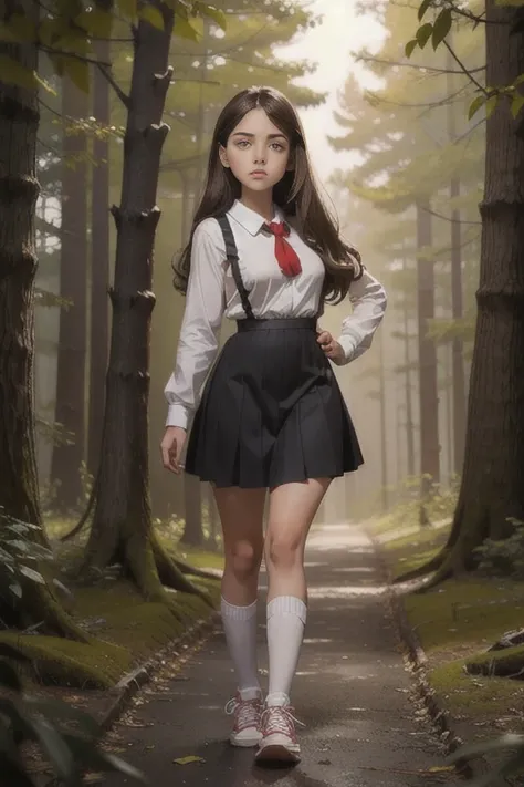    Cute young  beautiful  schoolgirl pioneer,  beautiful cute teen face ,  black pleated  pinafore dress  ,  transparent white blouse , red tie, brunette long hair, beautiful eyes. stockings,  Sneakers, pioneer schoolgirl - standing in the wood ,   photore...