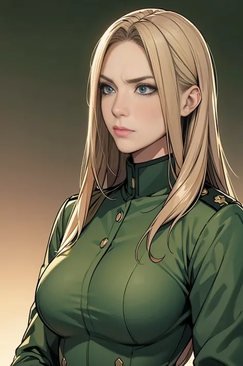  actual ,Green military uniform, actual ,General,( actual  face resolution),aldult,Large Breasts, A Woman with Long Dark Blonde Hair,Serious face,, taken from a distance ，On the battlefield。