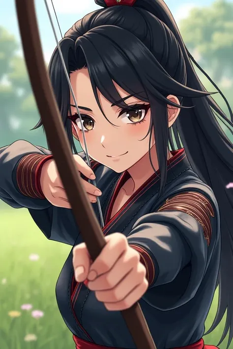 Best Quality, masterpiece,  highest resolution ，Nobunaga&#39;s Ambition，samurai_armor，Bow and arrow shooting pose，bow and arrow，Japanese Sengoku Warlords，（grassland_background），Black Hair，Beautiful eyes，smug face，Young woman， Anime style , （4K）, Alone，((wh...