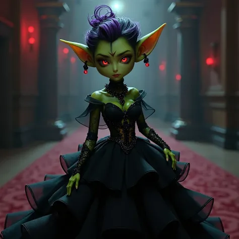 absurdrez, ((best quality)), ((masterpiece)), (detailed), dark gothic horror style, Halloween style, very small goblin girl, (green skin), pointy ears, (short purple hair with black streaks pixie hairstyle), aloof expression, bright red eyes, superior atti...