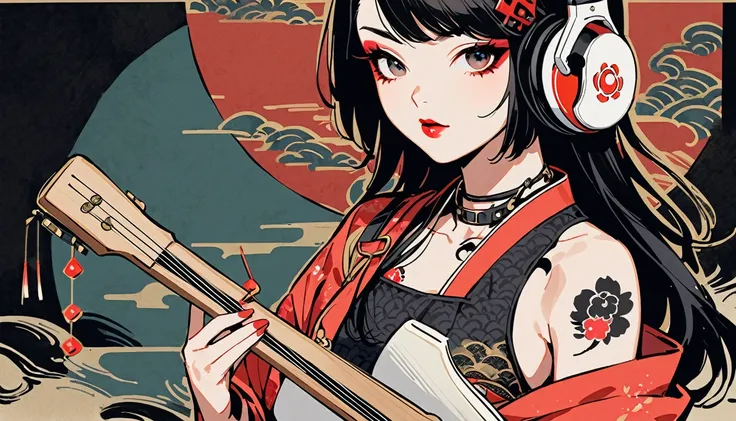 (((Ink Painting))), (((Shamisen))), (((punk girl))), (((1 girl))), (((Flashy makeup))), (((Japanese style headphones))), (((Japanese patterned swimsuit))), (((TATOO))), Japan人の美少女, Black Hair, Delicate and precise, Modern Ukiyo-e Style,Japan, Japanese flag...