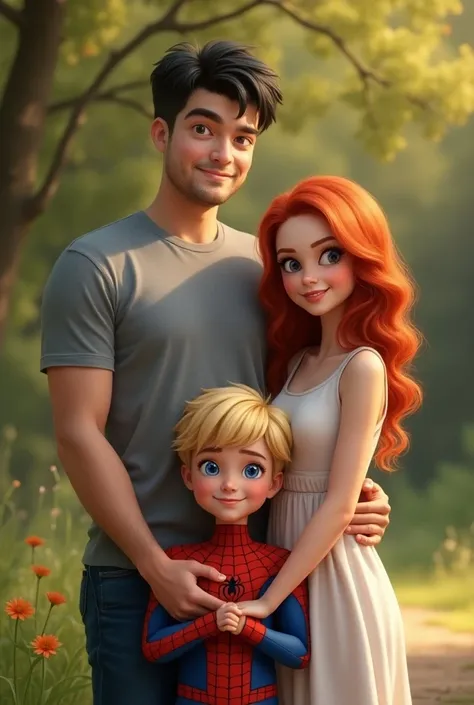 Tall 26 year old white male with black hair and brown eyes dressed casual standing next to one short  white boy with blonde hair and blue eyes dressed as spiderman standing next to 24 year old short female with red hair blue eyes and freckles dressed in a ...