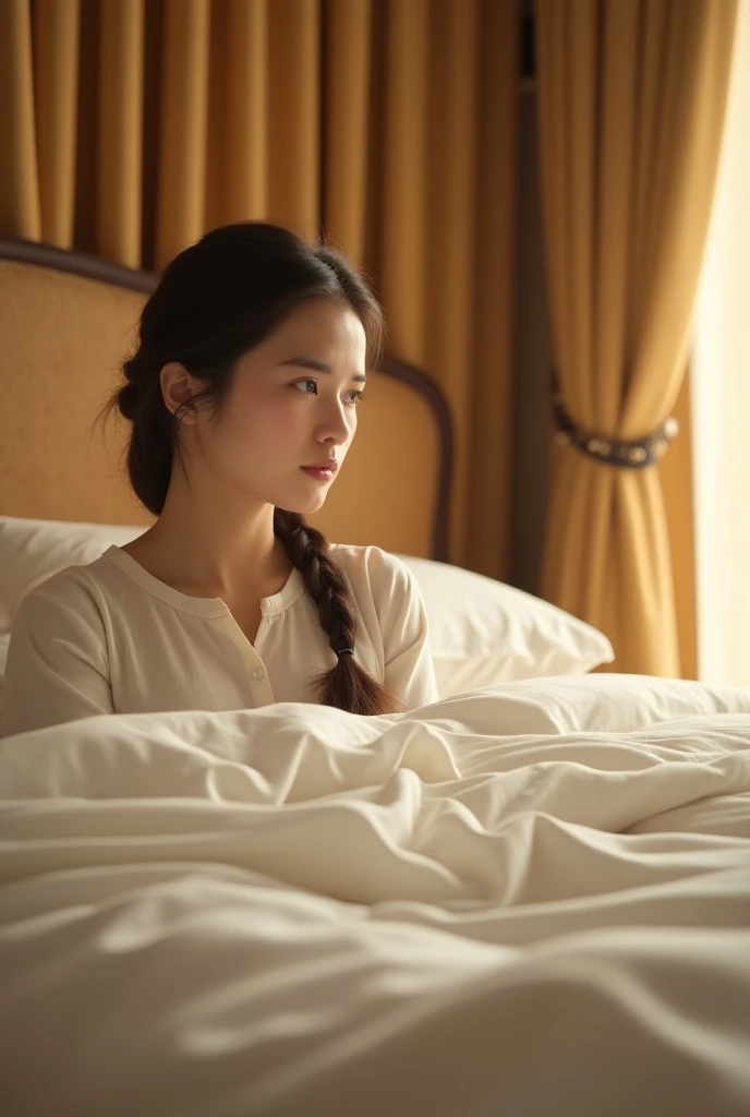 Create a very clear ultra HD dynamic image of After completing her work, the maid admires the bed, a look of fatigue but satisfaction on her face. The delicate scent of flowers fills the air. Prompt: The maid, in her simple cotton attire, steps back to adm...