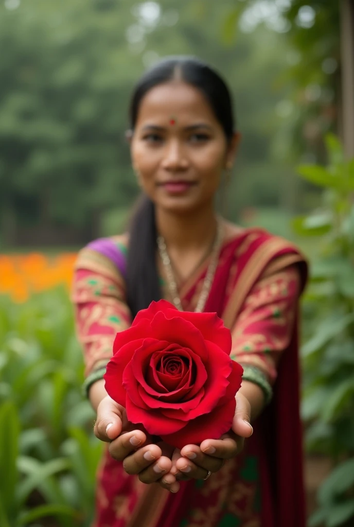 A Bangladeshi women handing a red rose 