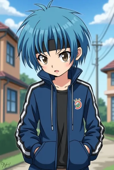 young boy,  his name is Rayto Sekine and he wears a black band on his forehead. His hair is straight short and blue , light skin.  The dress is in a jacket with black stripes , blue and white. Anime version in the style of Ranma 1 /2