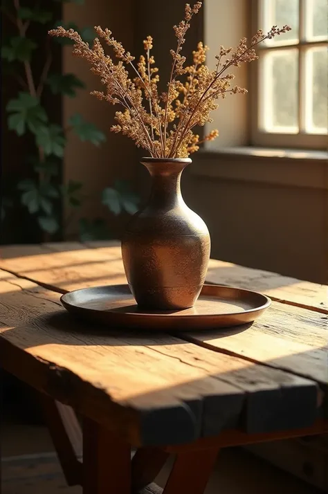 create a photo of a classic wooden table ,  a vintage vase and a dark wooden plate and the view of the table is projected in the evening sun