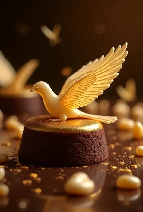 Gourment Collection, incredibly delicate and exquisite candy work, wing motifs, chocolate cake base, gold dust, shining coating, luxury and opulence, best quality, top quality, 8k, high resolution, ultra-detailed, extremely detailed, realistic, 