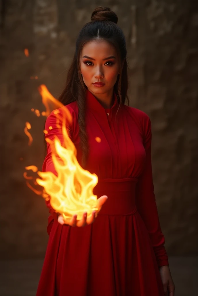 a 30 yo woman in red dress holding a red flame in her hand, in the style of sifu, holding red fire, casting fire spell, casting magic spell, casting epic spell, casting a fire spell, face off Elizabeth olsen