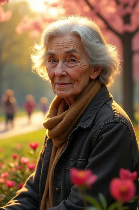 "Un portrait dune femme âgée avec des rides profondes et des yeux pétillants, assise sur un banc dans un parc au printemps. Des fleurs colorées sont en fleurs autour delle, et elle sourit doucement tout en regardant un groupe denfants jouer au loin. La lum...