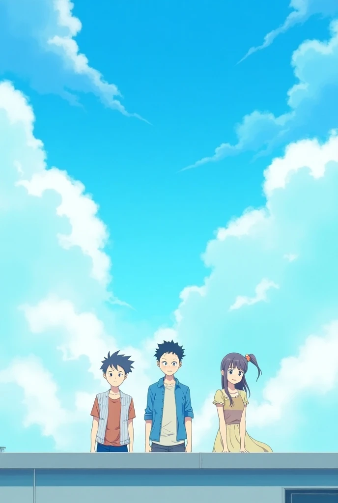 three young people standing on a roof with a sky background, an anime drawing inspired by Unichi Hiratsuka, trending on pixiv, mingei, 2 d anime style, anime yuru camp, pokemon anime style, still from tv anime, sankakucomplex anime image, boku no hero acad...