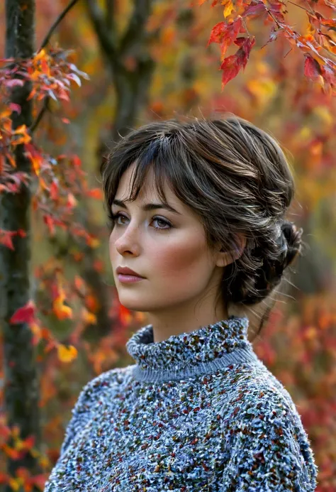 A serene girl stands in a vibrant autumn scene, surrounded by swirling red, orange, and yellow leaves. Soft light caresses her thoughtful expression, with a misty, blurred forest backdrop enhancing the warm, harmonious palette.